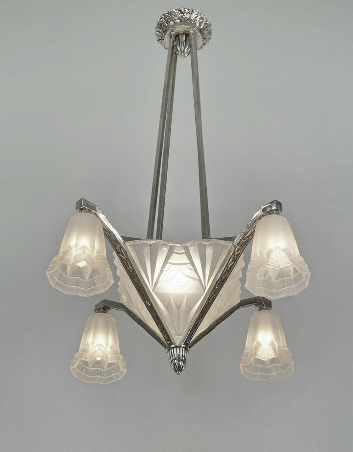 DEGUE: signed FRENCH 1930 ART DECO CHANDELIER ... bronze lustre lamp muller era