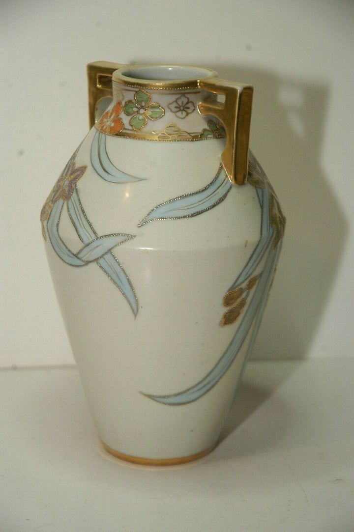 Noritake Nippon Morimura Two Handled Hand Painted Gilded Floral Vase 7.75" tall