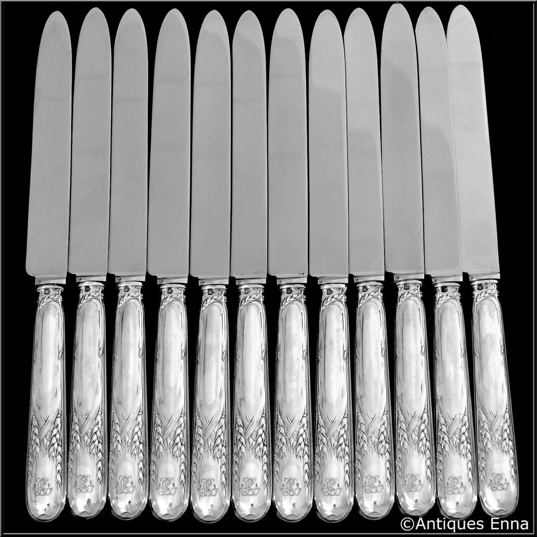 Puiforcat Rare French Sterling Silver Dinner Knife Set 12 Pc, Wheat, Art Nouveau