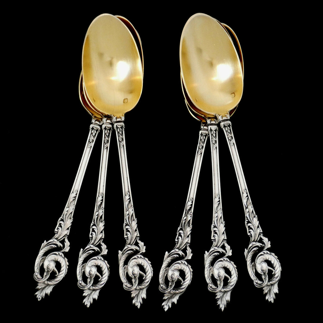 Canaux French Sterling Silver 18k Gold Coffee Dessert Spoons Set, Box, Dragon