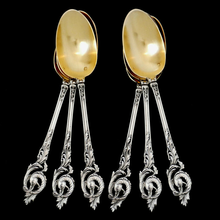 Canaux French Sterling Silver 18k Gold Coffee Dessert Spoons Set, Box, Dragon