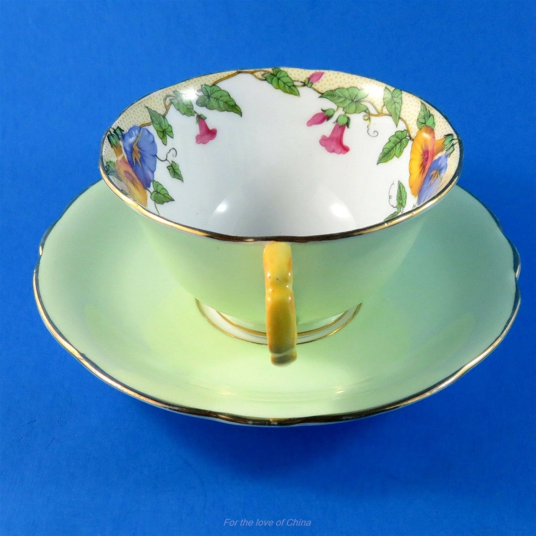 Light Green with Morning Glory Design Flower Handle Aynsley Tea Cup & Saucer