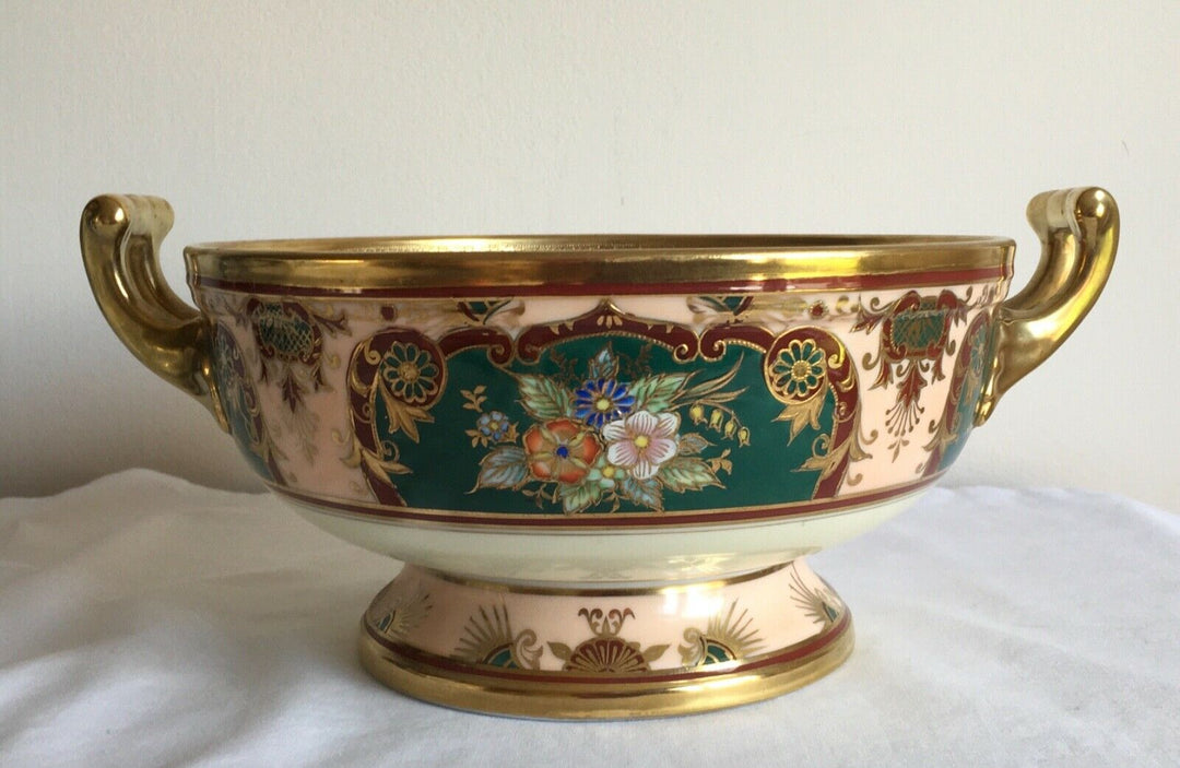 Vintage Art Deco Noritake Porcelain Flowers & Gold Gilded 2 Handled Footed Bowl