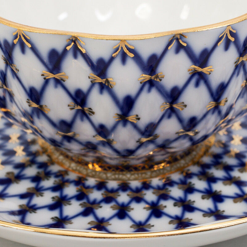 Classic Cobalt Net Teacup and Saucer by Imperial Porcelain Lomonosov LFZ IFZ