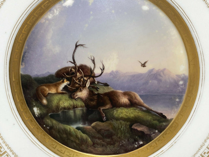 KPM BERLIN TELLER JAGDMOTIV WILDMALEREI HIRSCHE FUCHS LANDSCHAFT 1.WAHL UM 1849