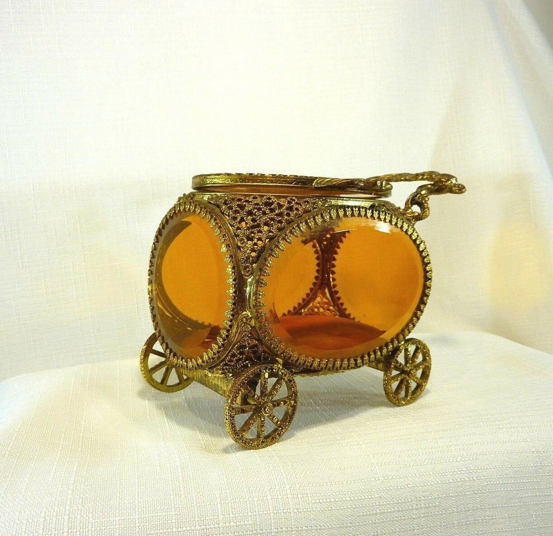 Vintage Ormolu 24k Gold Plate Amber Colour Beveled Glass Jewel Casket