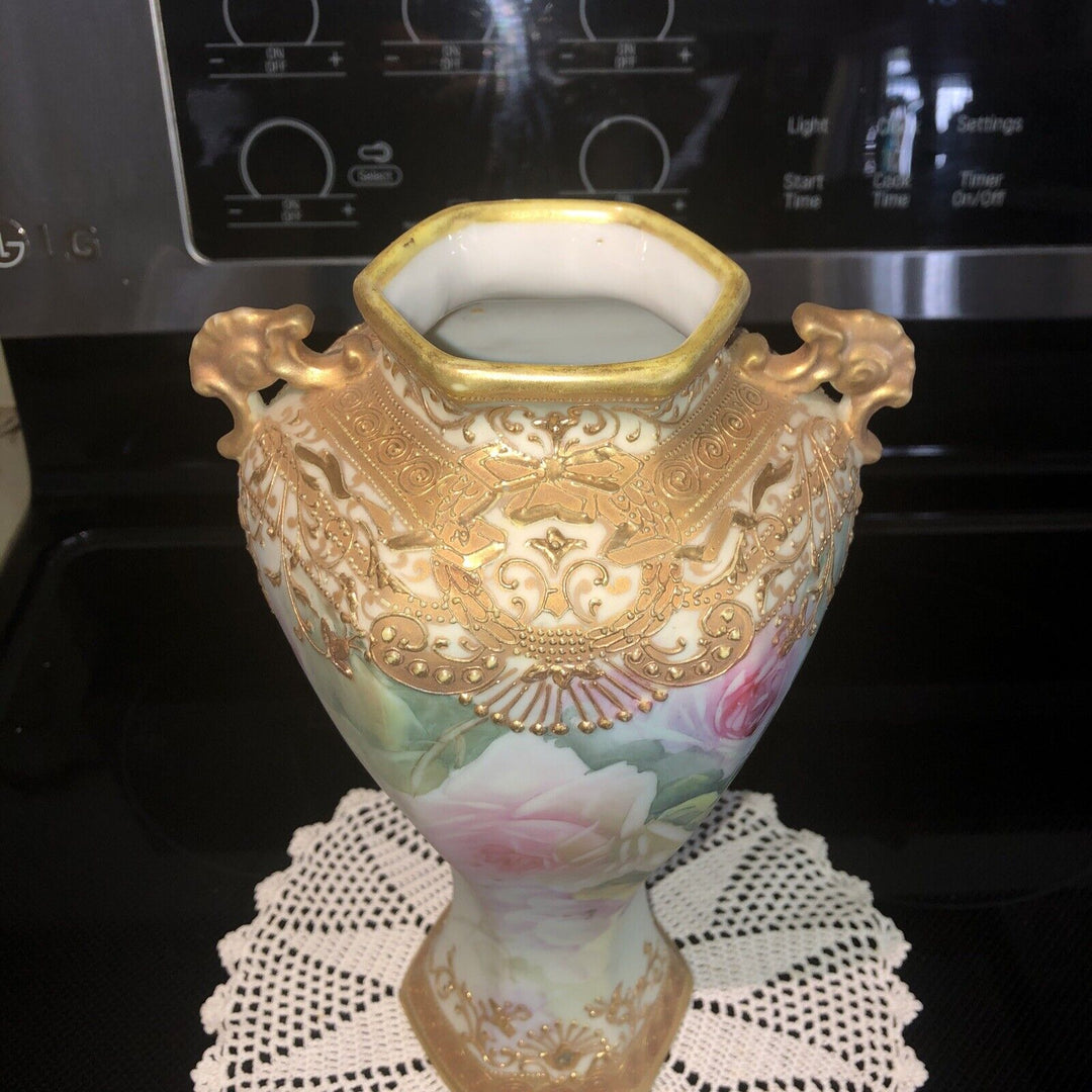 オールドノリタケ　メイプルリーフ印　ピンクローズと金彩の高級花瓶