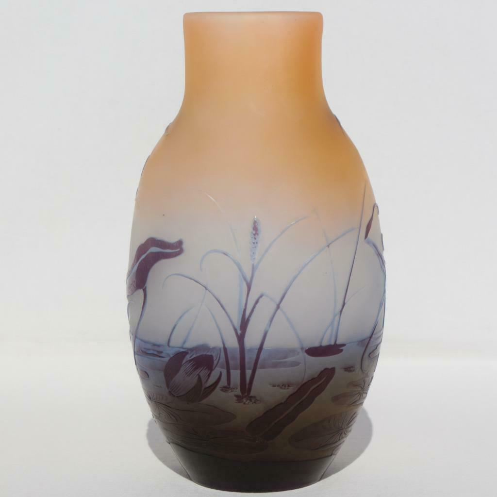 エミールガレ　フランス製　アンティーク　池　草　水　スイレン　蓮の花　ガラス花瓶