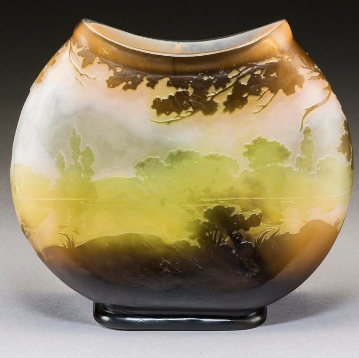 エミール・ガレ　花瓶　山岳風景と釣り人　アールヌーボー時代の作品