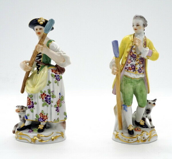 閑オールドマイセン MEISSEN『羊飼いの男女(犬と羊の親子)』陶器人形