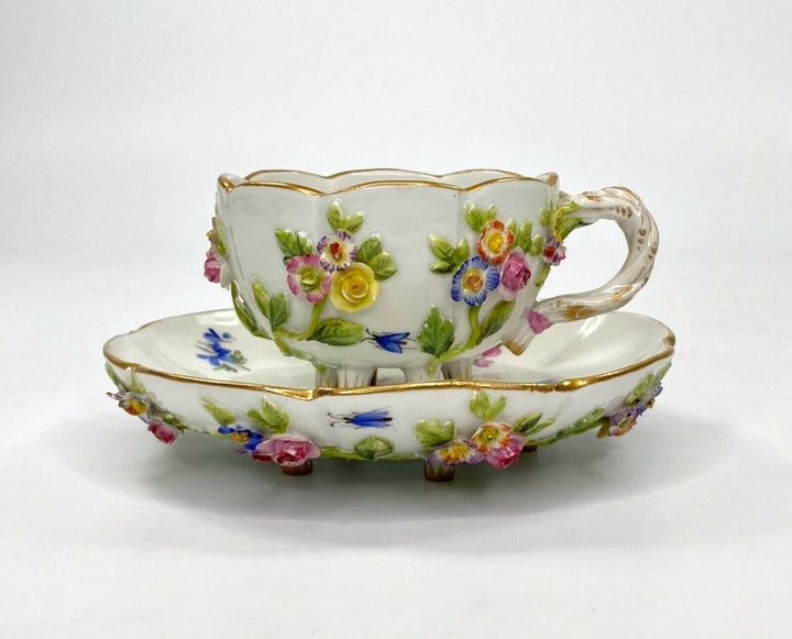 Meissen porcelain cup & saucer. Flower & Fruit encrusted, c. 1870.