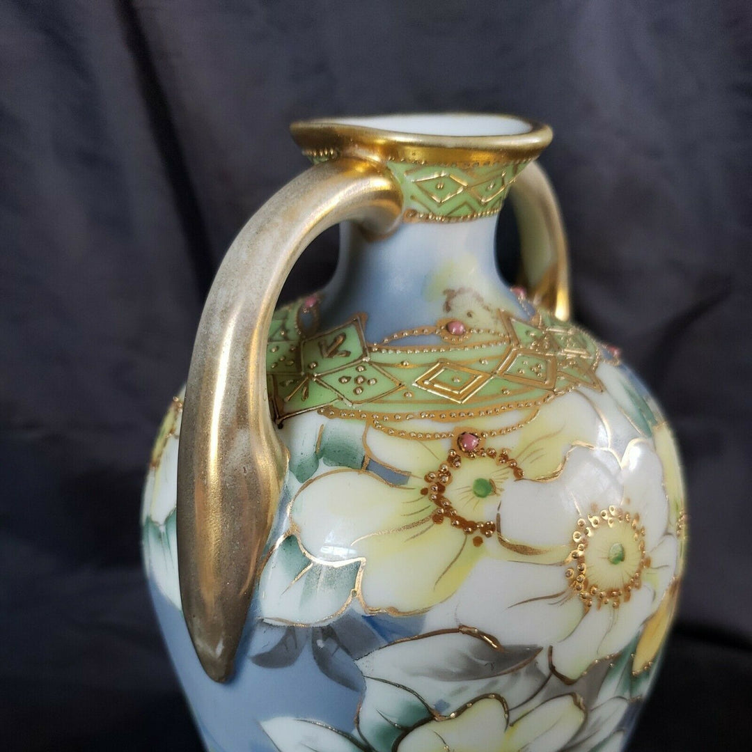 ANTIQUE NIPPON MORIMURA HAND PAINTED GOLD BEADED VASE W/HANDLES & FLORAL MOTIF