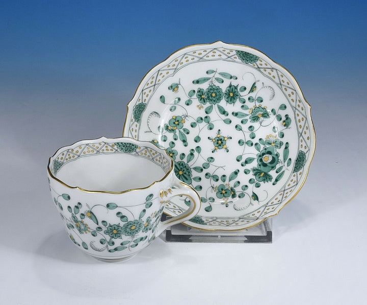 Meissen " Indian Green Rich Painting " Mocha Cup & Saucer 1.Wahl