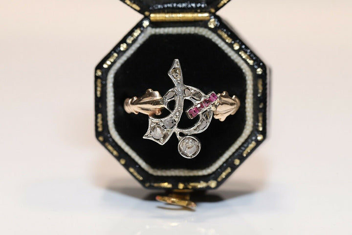 アンティーク 8K ナチュラルローズカットダイヤモンドとカリバールビーのオスマンリング