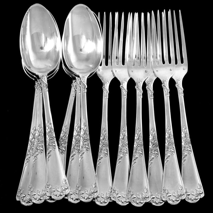 Puiforcat French Sterling Silver Dinner Flatware Set 12 Pc Foliage