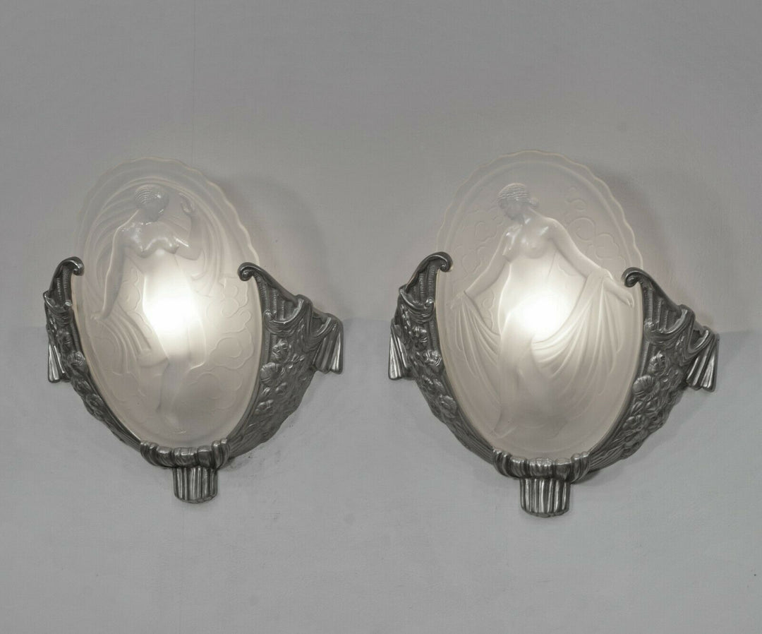 MULLER FRÈRES : pair of French 1930 art deco wall sconces LES MUSES ..... France