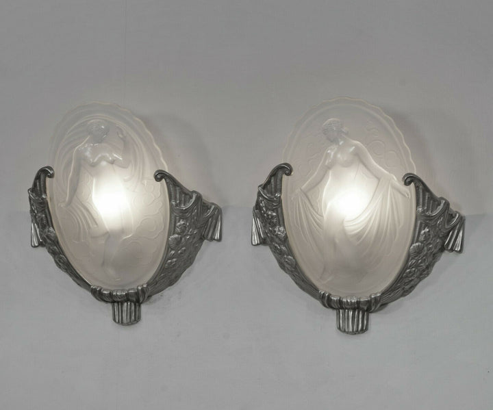 MULLER FRÈRES : pair of French 1930 art deco wall sconces LES MUSES ..... France