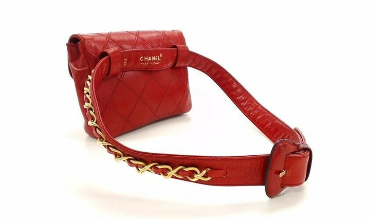Auth CHANEL Quilted CC Chain Belt Waist Bum Bag Red Leather