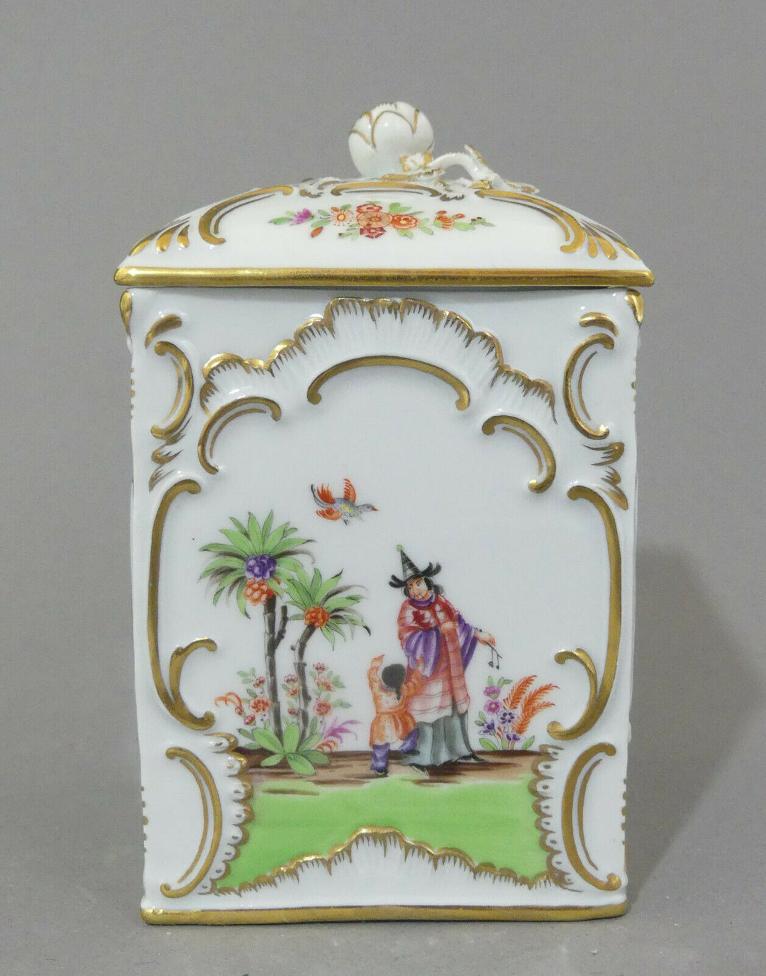  ⚔ Meissen quadr. Teedose Hoeroldt Chinoiserien H.14cm 1.Wahl TOP Pfeifferzeit