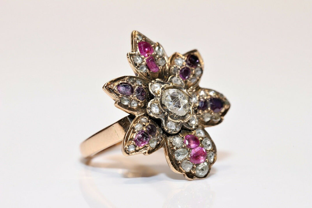 アンティーク ヴィクトリアン 14K ナチュラルローズカットダイヤモンド、ルビー、アメシストのリング