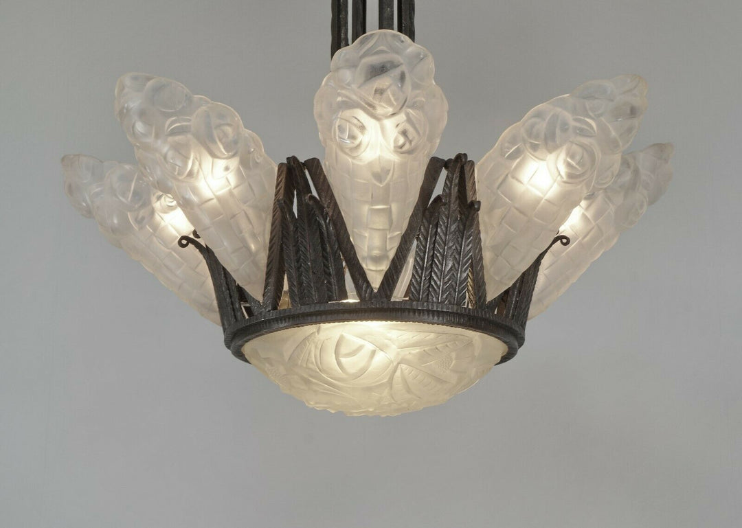 DEGUÉ : VERY LARGE 1930 FRENCH ART DECO CHANDELIER ... wrought iron muller era