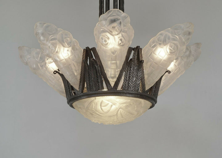 DEGUÉ : VERY LARGE 1930 FRENCH ART DECO CHANDELIER ... wrought iron muller era
