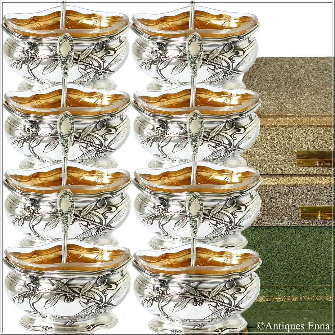 Puiforcat French Sterling Silver 18k Gold Set 8 Salt Cellars, Boxes, Mistletoe