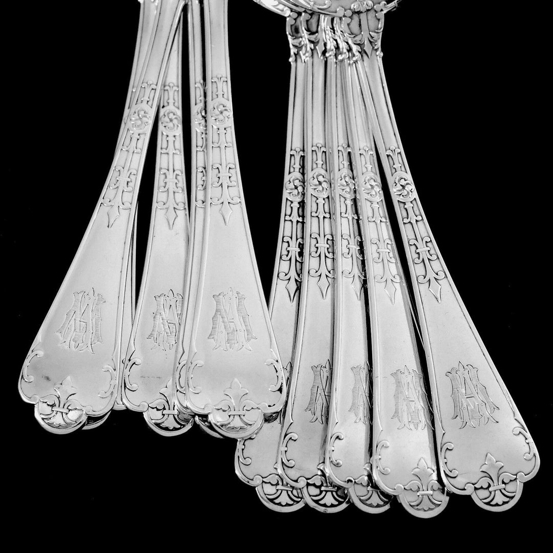 Puiforcat French Sterling Silver Dinner Dessert Flatware Set, Fer De Lance