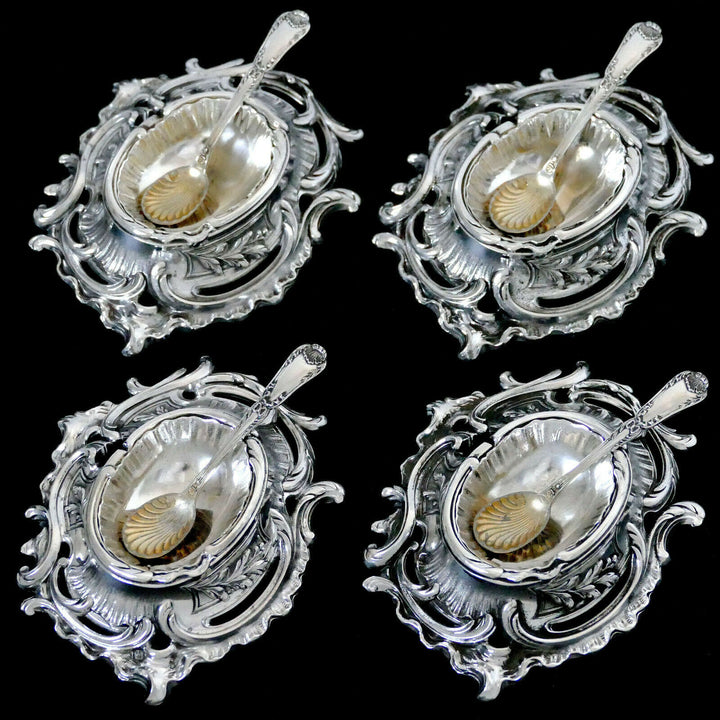 Puiforcat Rare French Sterling Silver 4 Salt Cellars, Spoons, Original Box