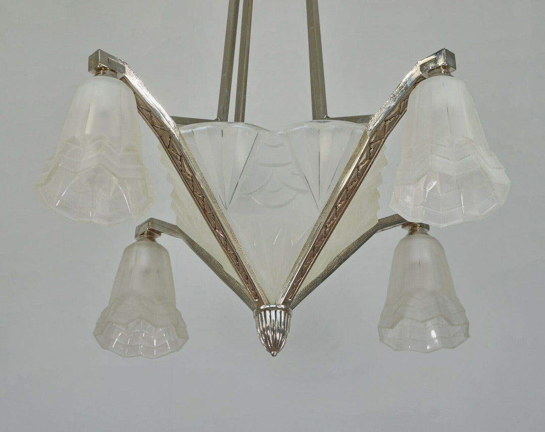 DEGUE: signed FRENCH 1930 ART DECO CHANDELIER ... bronze lustre lamp muller era