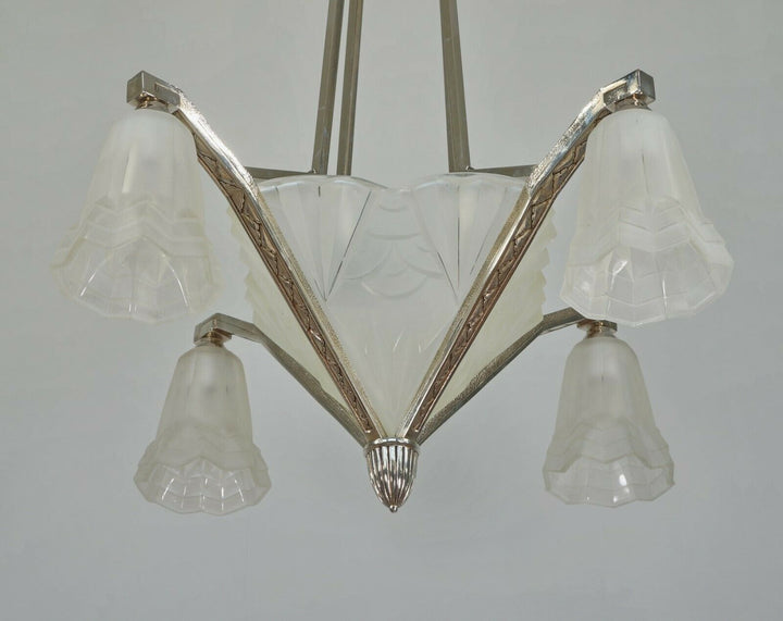 DEGUE: signed FRENCH 1930 ART DECO CHANDELIER ... bronze lustre lamp muller era