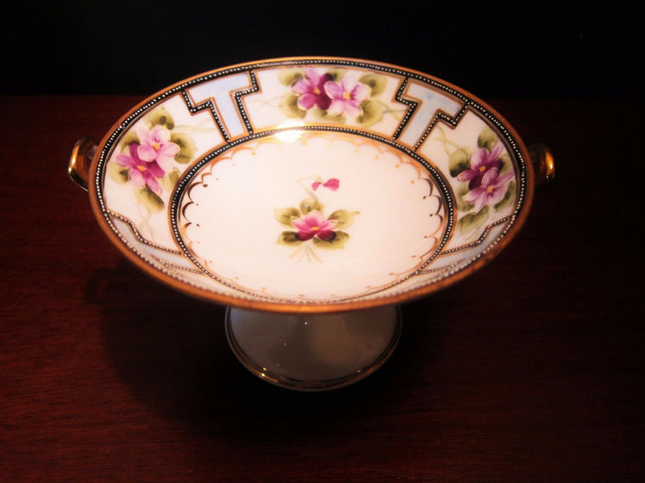 Nippon Hand Painted Moriage Pedestal Bowl Gold Handles 5” Blue Morimura Stamp