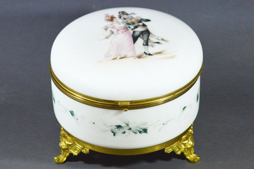 ANTIQUE 18 CM PERFECT BIG SATIN GLASS FRENCH FRANCE BOX JEWELRY AND BRONZE MOUNT