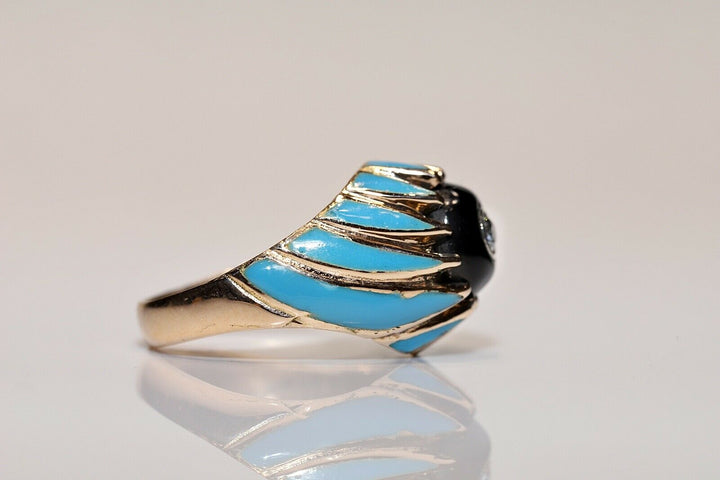 オールド 14K ナチュラルダイヤモンド、オニキス、エナメルのリング