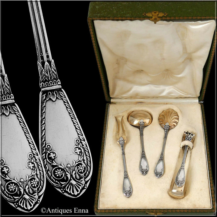 Barrier Fabulous French Sterling Silver 18k Gold Dessert Set 4 Pc, Box, Empire