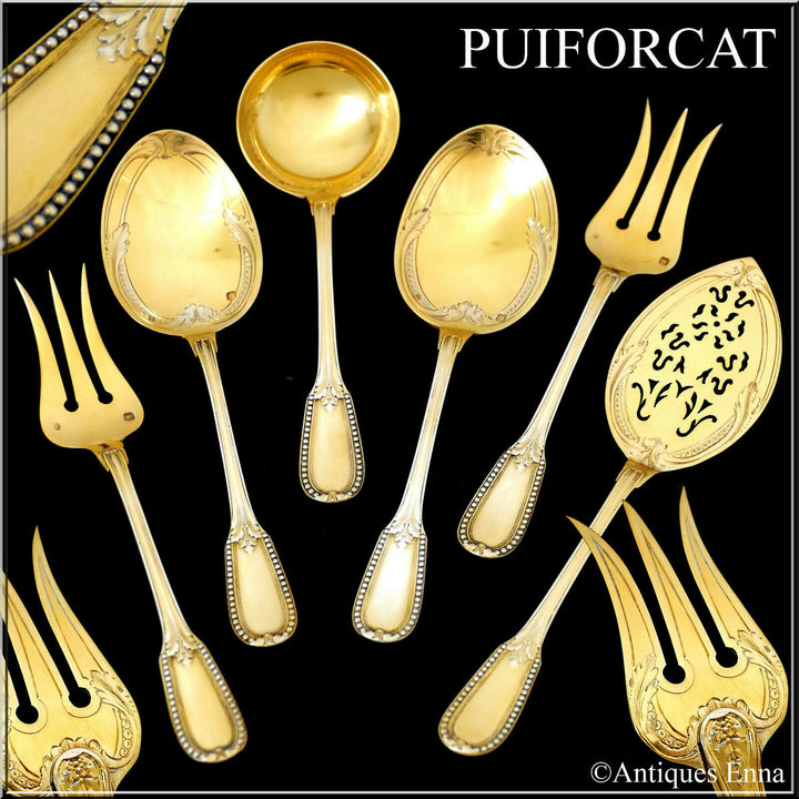 Puiforcat French Sterling Silver 18k Gold Dessert Hors D'oeuvre Set 6 Pc, Box