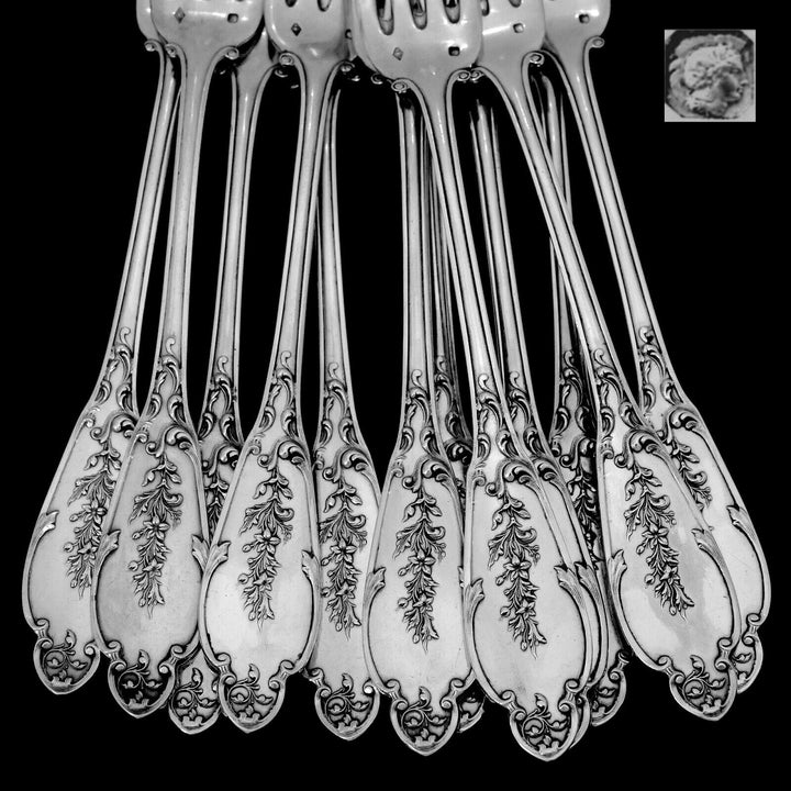 Debain Henin French Sterling Silver Dinner Flatware Set 49 Pc, Box, Flowers
