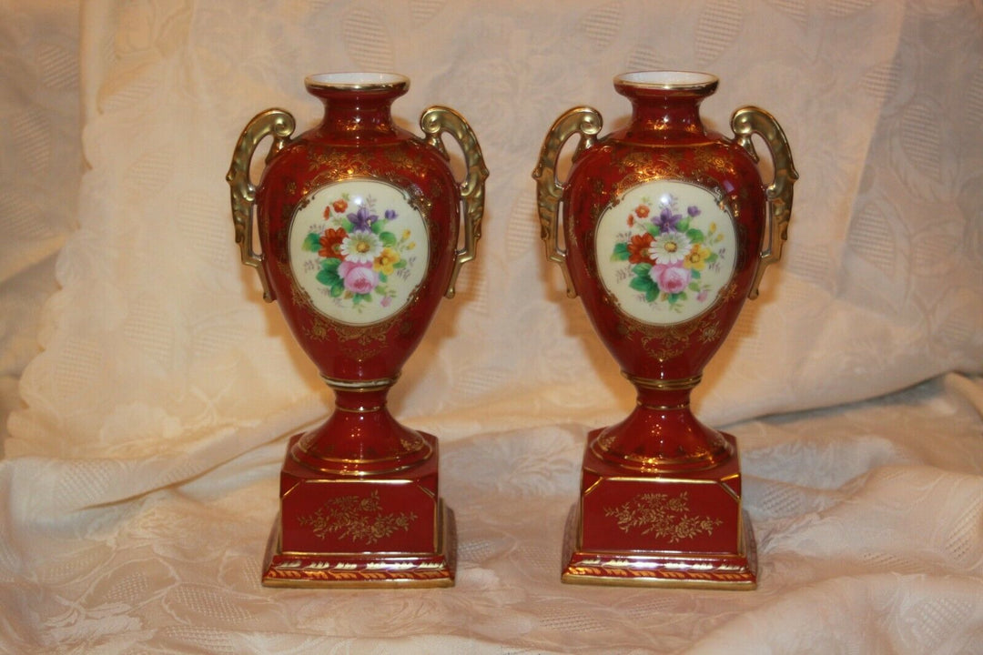 Nippon Noritake porcelain urns vases hand painted beaded gold Red