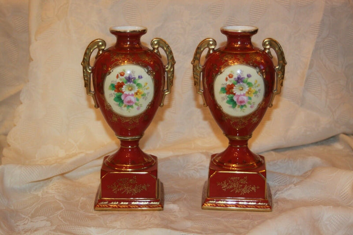 Nippon Noritake porcelain urns vases hand painted beaded gold Red