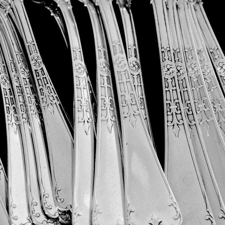 Puiforcat French Sterling Silver Dinner Dessert Flatware Set, Fer De Lance