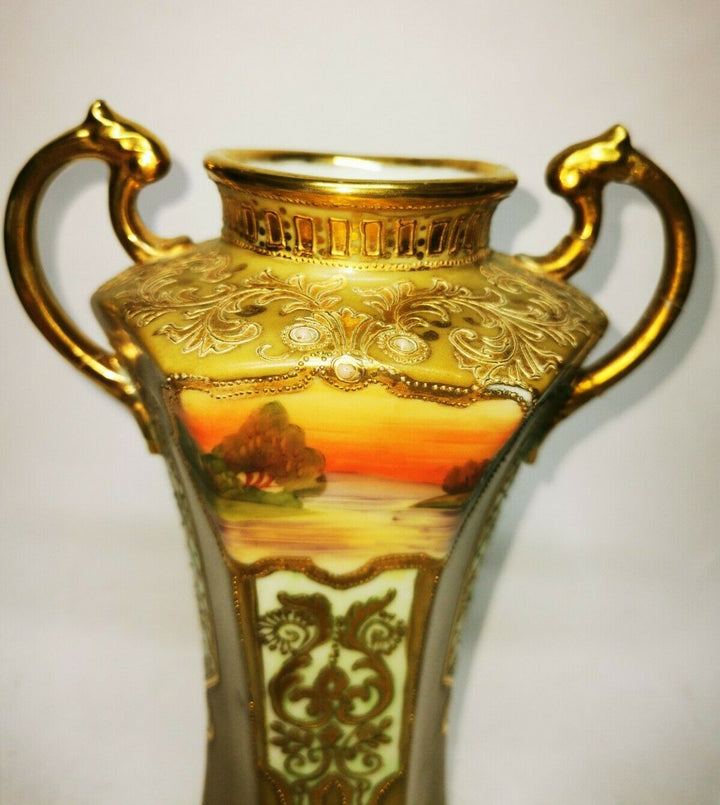 Antique Noritake Two Handled Pedestal Vase Gilted & Jewelled c1906 Art Nouveau