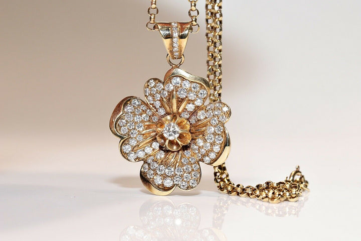 ビンテージ オリジナル 18K ゴールド 天然ダイヤモンド 装飾フラワーネックレス