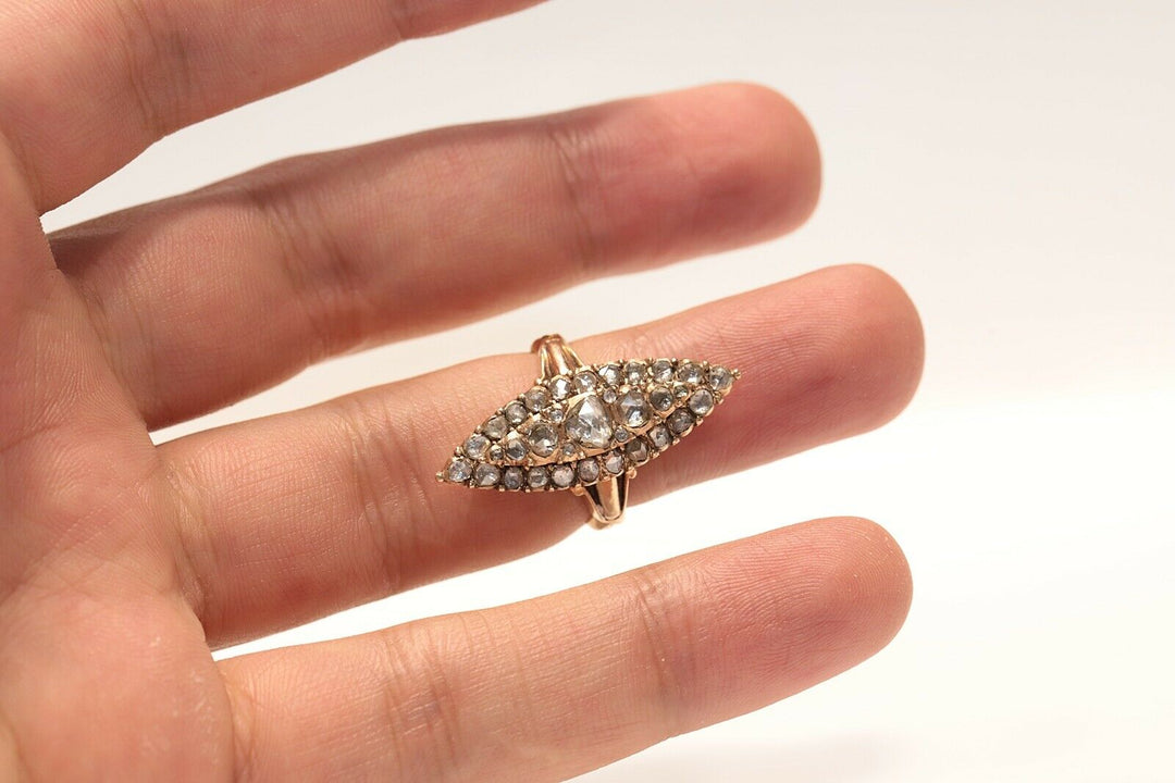 アンティーク オリジナル 12K ナチュラルローズカットダイヤモンドのナヴェットリング