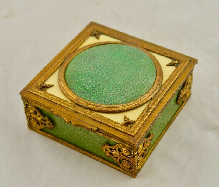 Antique French C.19th shagreen & gilt ormolu bronze hinged dressing table box