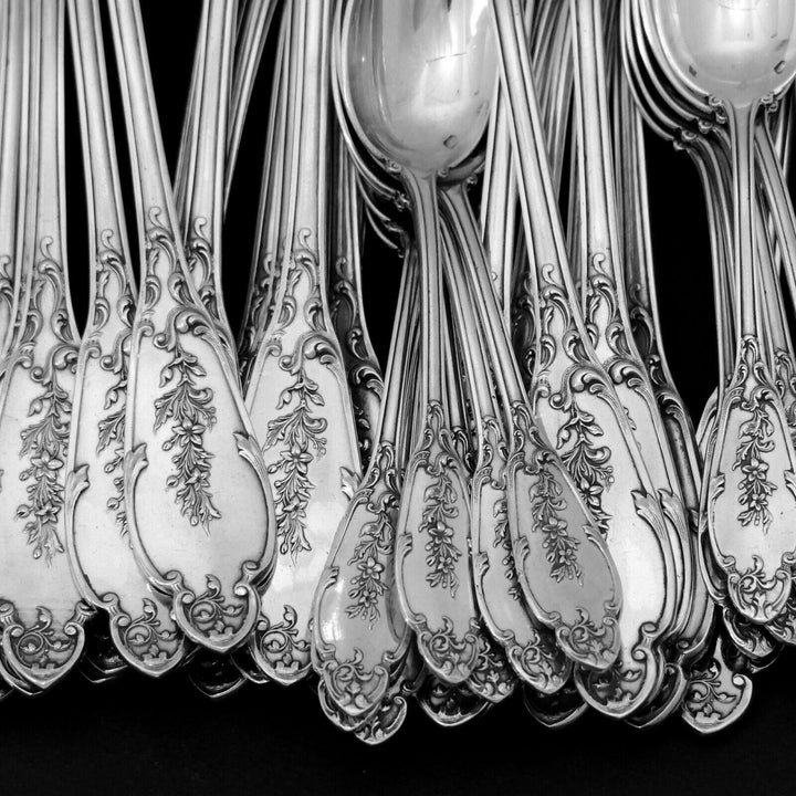 Debain Henin French Sterling Silver Dinner Flatware Set 49 Pc, Box, Flowers