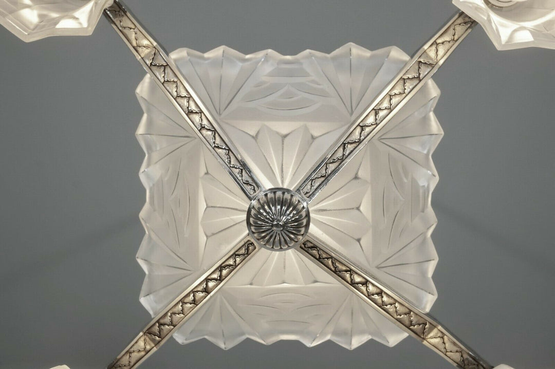 DEGUE: signed FRENCH 1930 ART DECO CHANDELIER ... bronze lustre lamp muller era