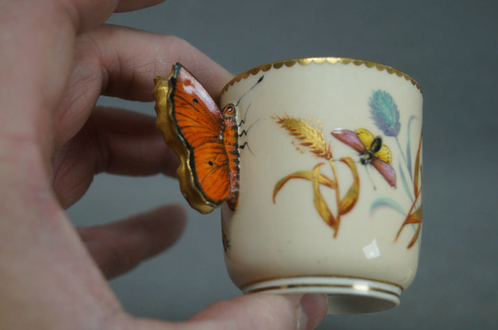 ロイヤルウースター＆ティファニー、エナメル彩色の鳥と虫、アイボリー、蝶の取っ手のカップ