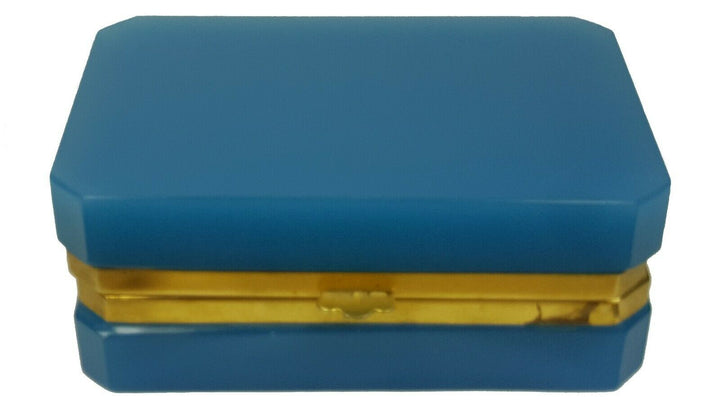 Blue Opaline Glass Jewelry Box / Trinket Box | Rectangular | Brass Frame | Italy