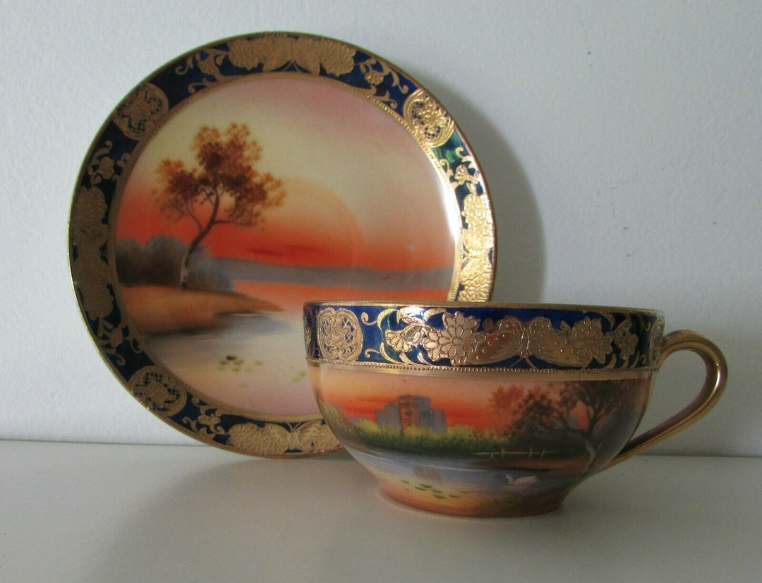 ANTIQUE NORITAKE ART DECO CHINA PORCELAIN GILDED SCENIC PAINTED TEA CUP & SAUCER