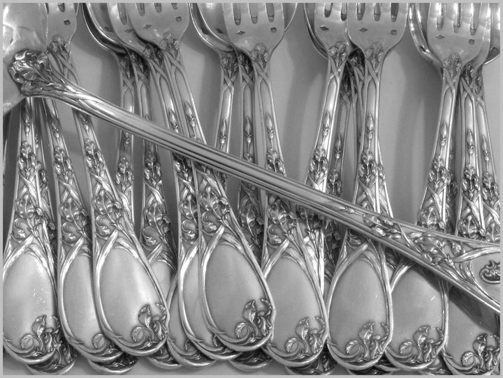 Puiforcat French Sterling Silver Dinner Flatware Set 25 pc Iris w/box